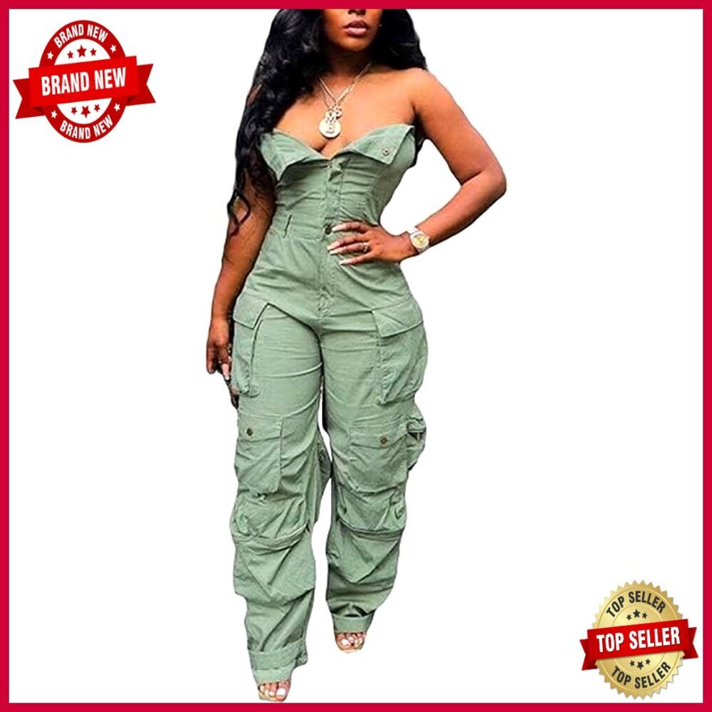 Medium Polyester Jumpsuit with Cargo Pockets, Sleeveless Overalls